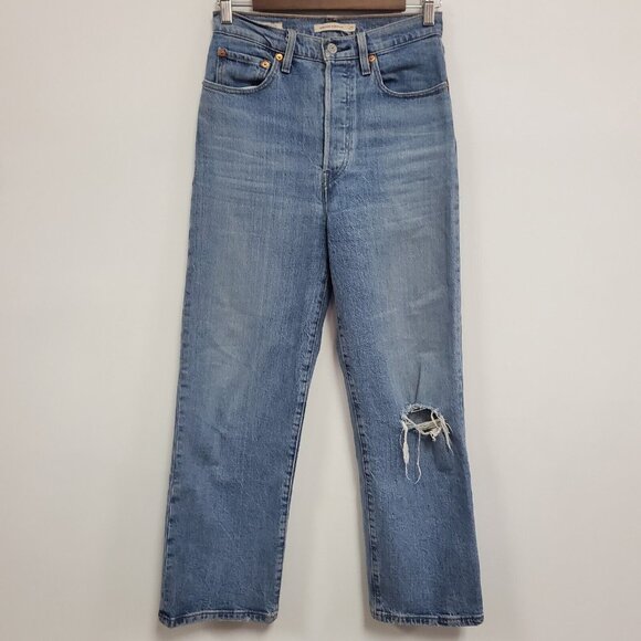 Levis Womens Ribcage Straight Leg Jeans Size 27 Blue Denim Button Fly - Picture 1 of 14
